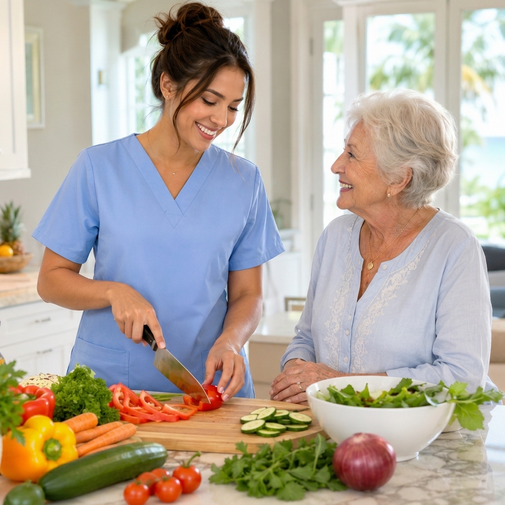 Caregiver and client preparing a meal together in a bright kitchen