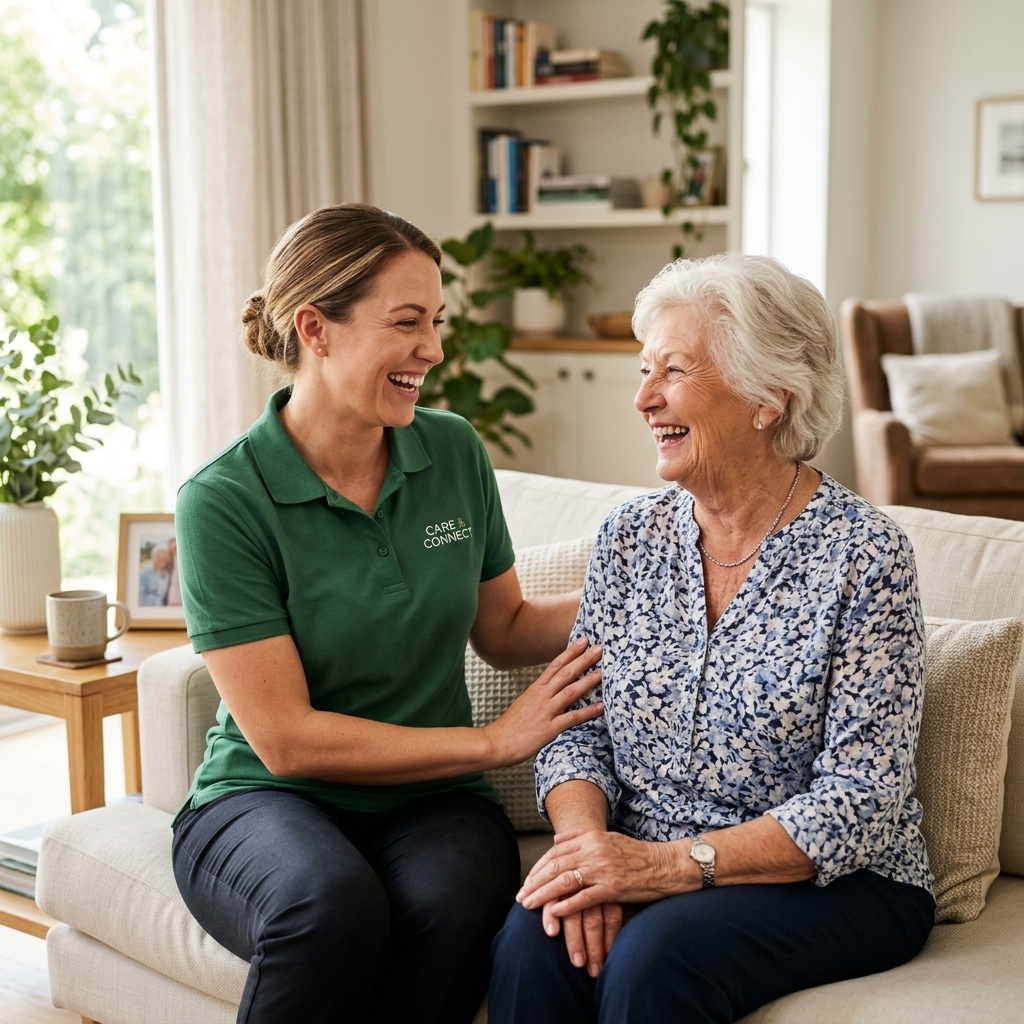 Caregiver sharing a warm moment with a client
